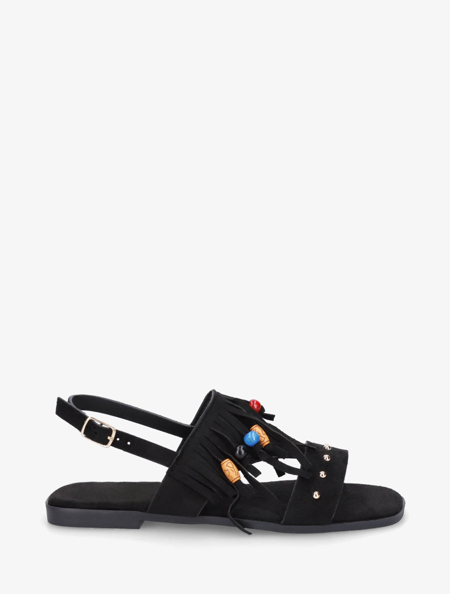 Sandales en suédine à franges et perles de bois - Noir - 1