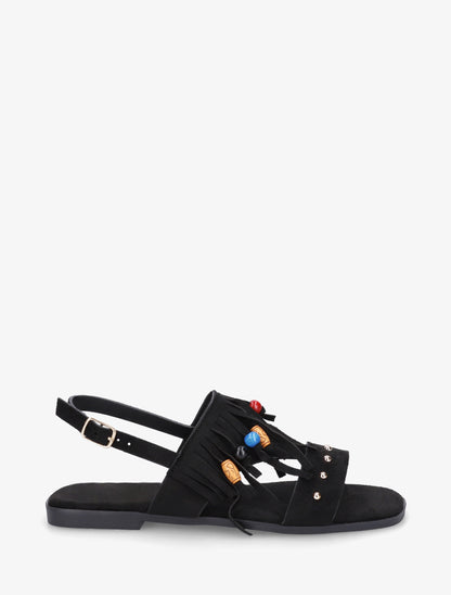 Sandales en suédine à franges et perles de bois - Noir - 1