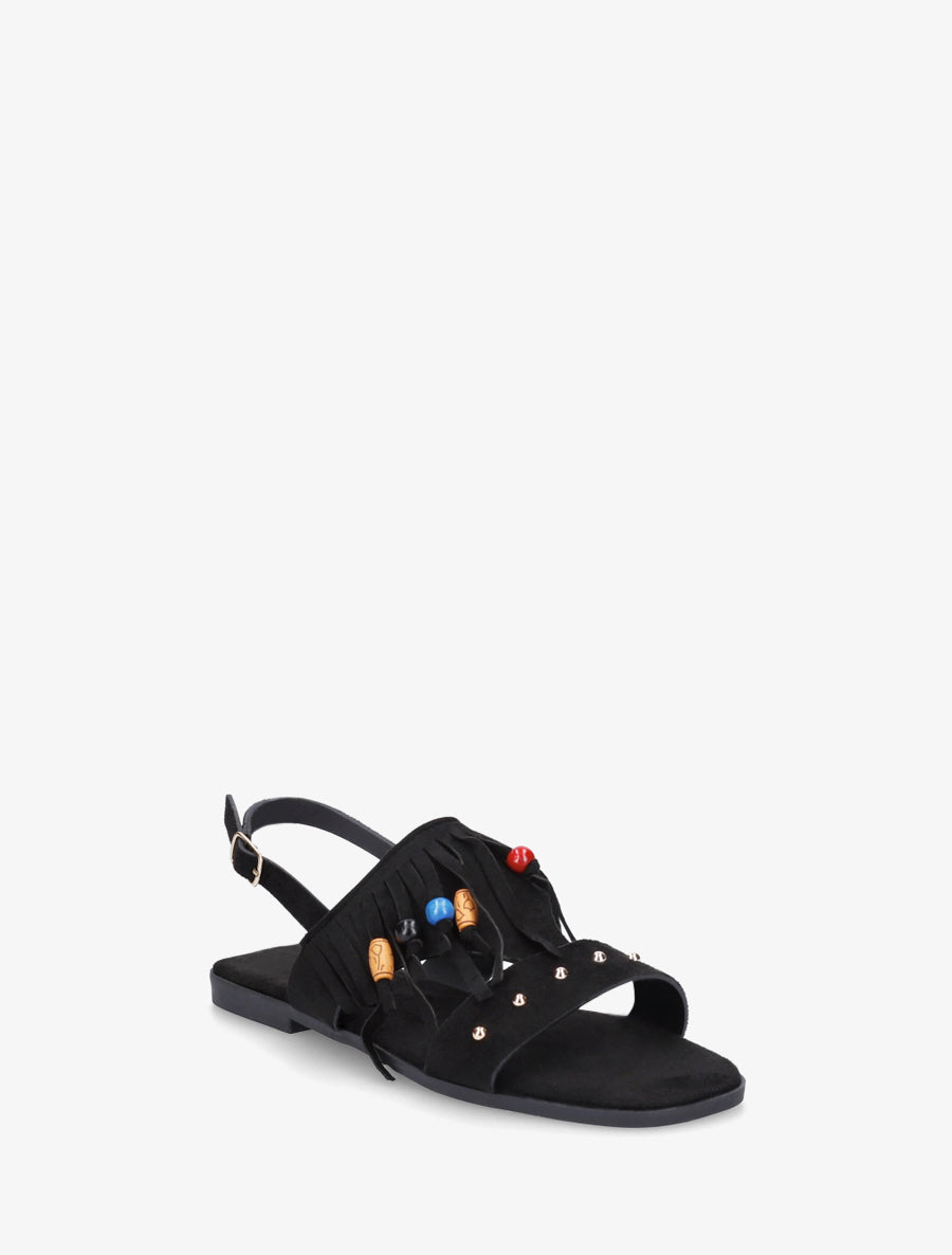 Sandales en suédine à franges et perles de bois - Noir - 2