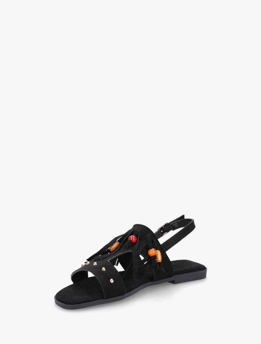 Sandales en suédine à franges et perles de bois - Noir - 3