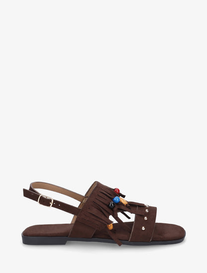Sandales en suédine à franges et perles de bois - Marron - 1
