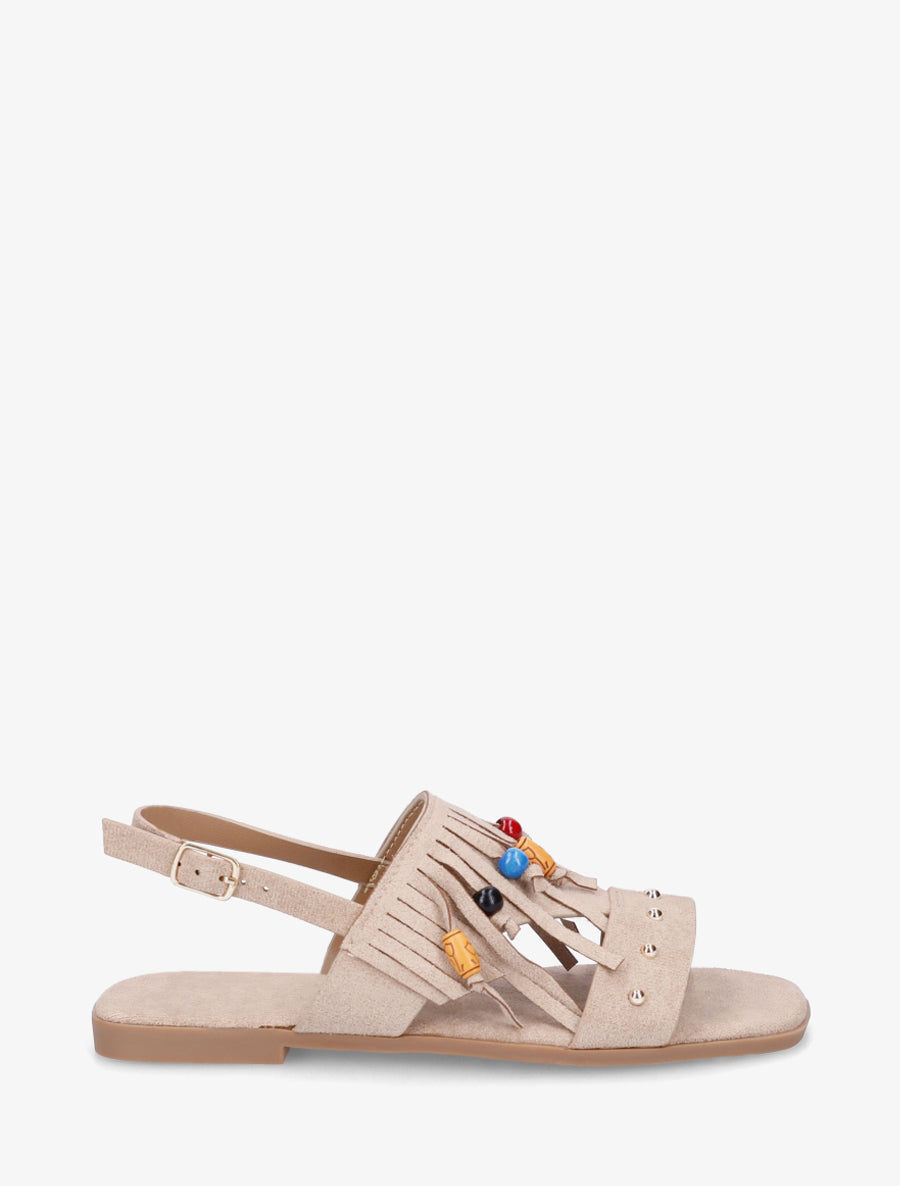 Sandales en suédine à franges et perles de bois - Taupe - 1
