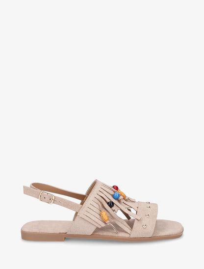 Sandales en suédine à franges et perles de bois - Taupe - 1