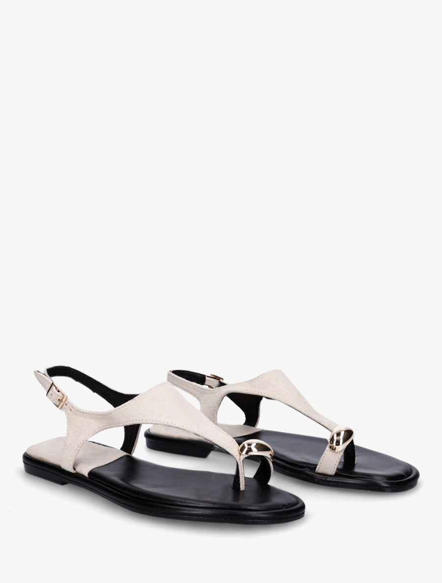 Nu-pieds en suédine à entredoigt et bague métallique - Beige - 4