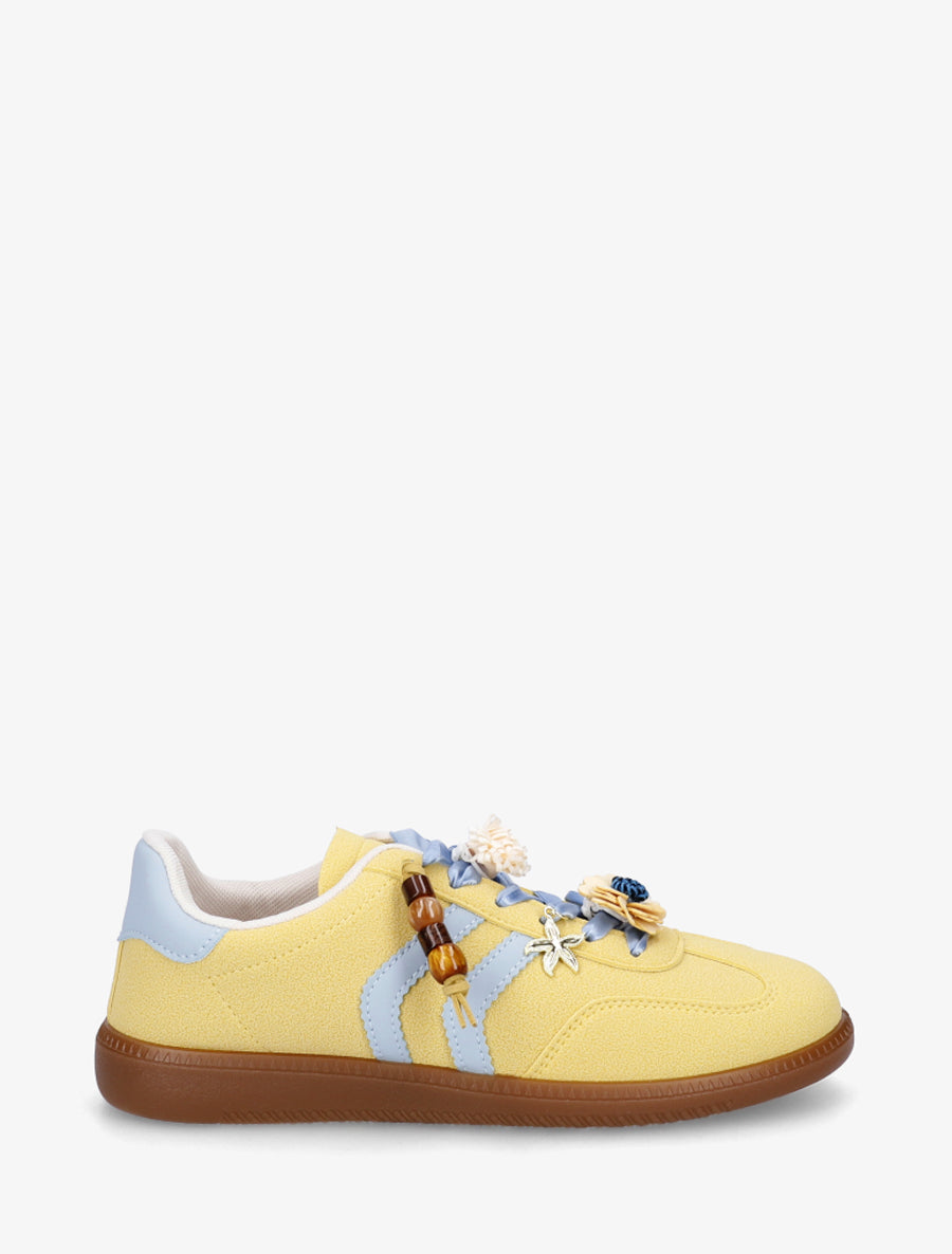 Sneakers à empiècement fleurs et bandes contrastantes - Jaune - 1