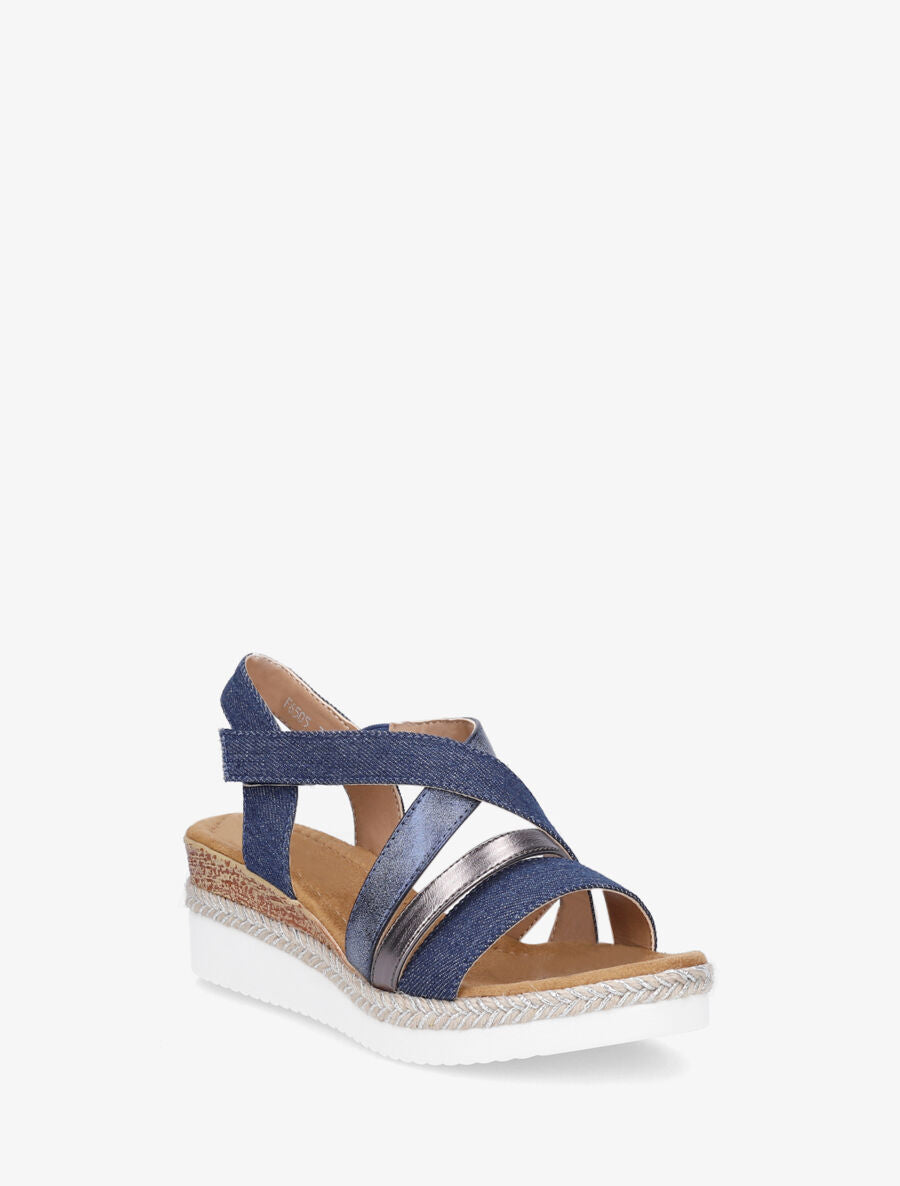 Sandales compensées en tissu à scratch - Bleu - 2