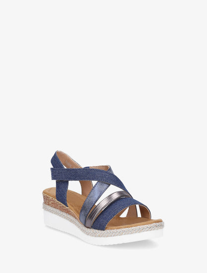 Sandales compensées en tissu à scratch - Bleu - 2