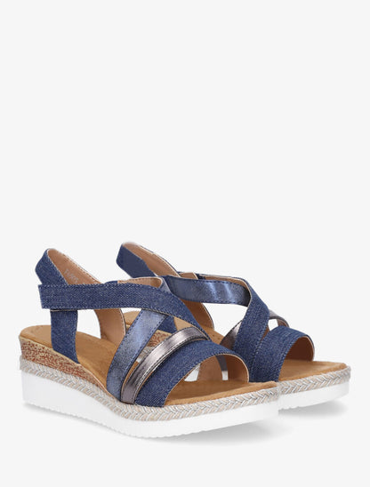Sandales compensées en tissu à scratch - Bleu - 4
