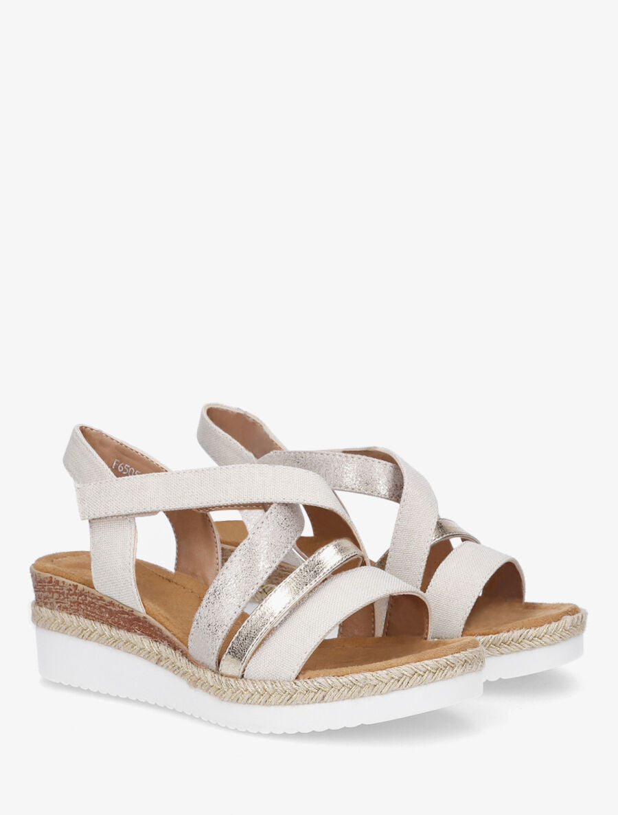 Sandales compensées en tissu à scratch - Beige - 5