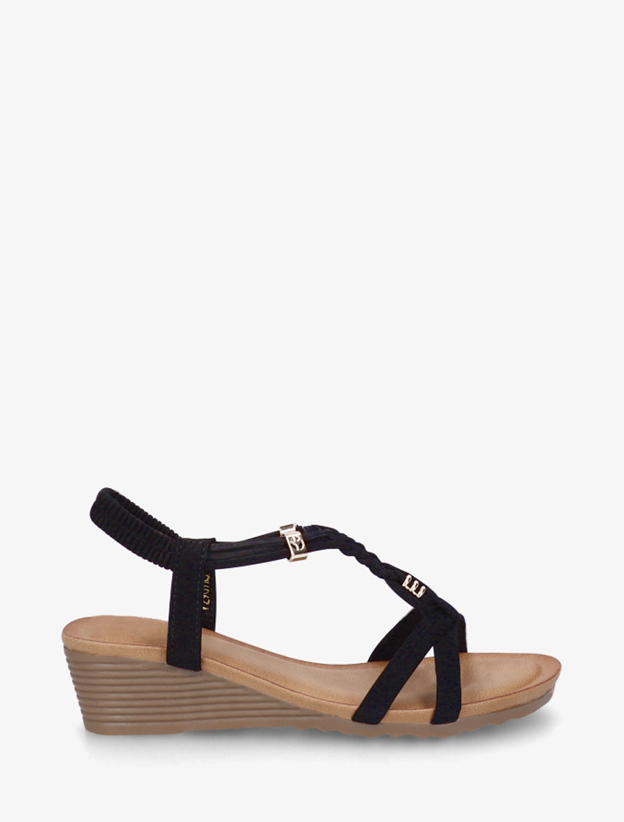 Sandales compensées en suédine à bride tressée - Noir - 1