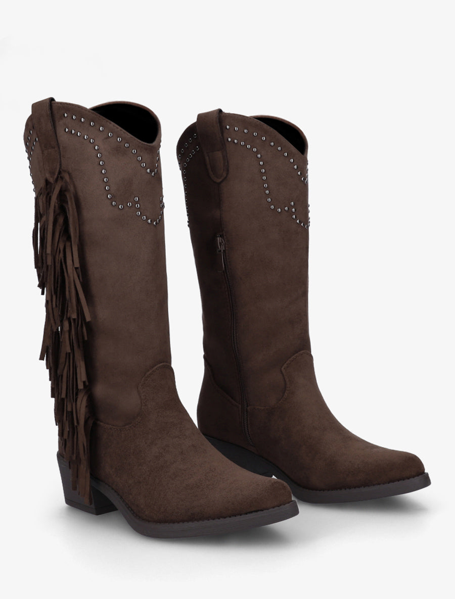 Bottines montantes en suédine à franges et clous - Marron - 4