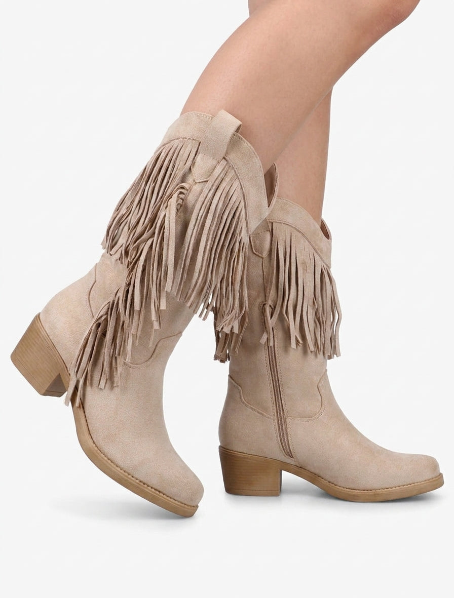 Stivaletti stile texano con frange - Beige