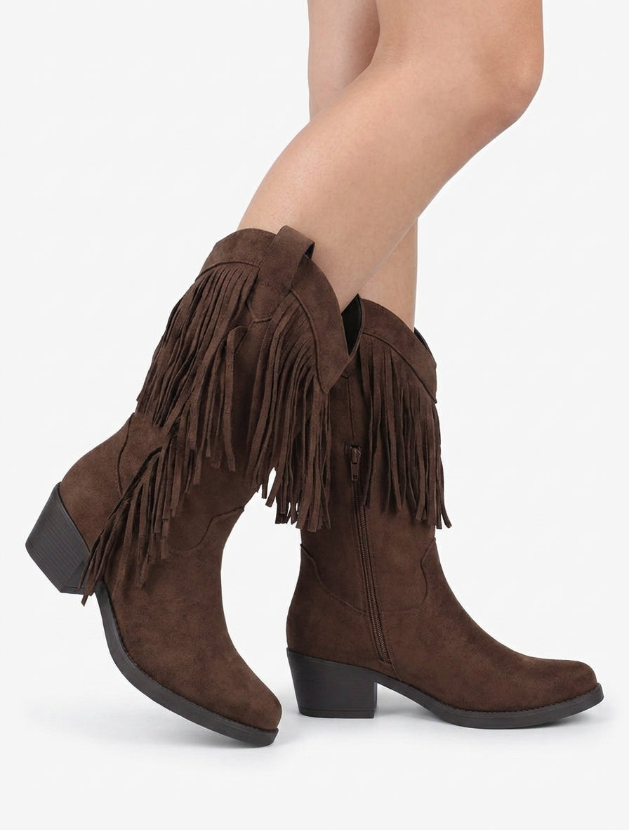 Stivaletti stile texano con frange - Marrone