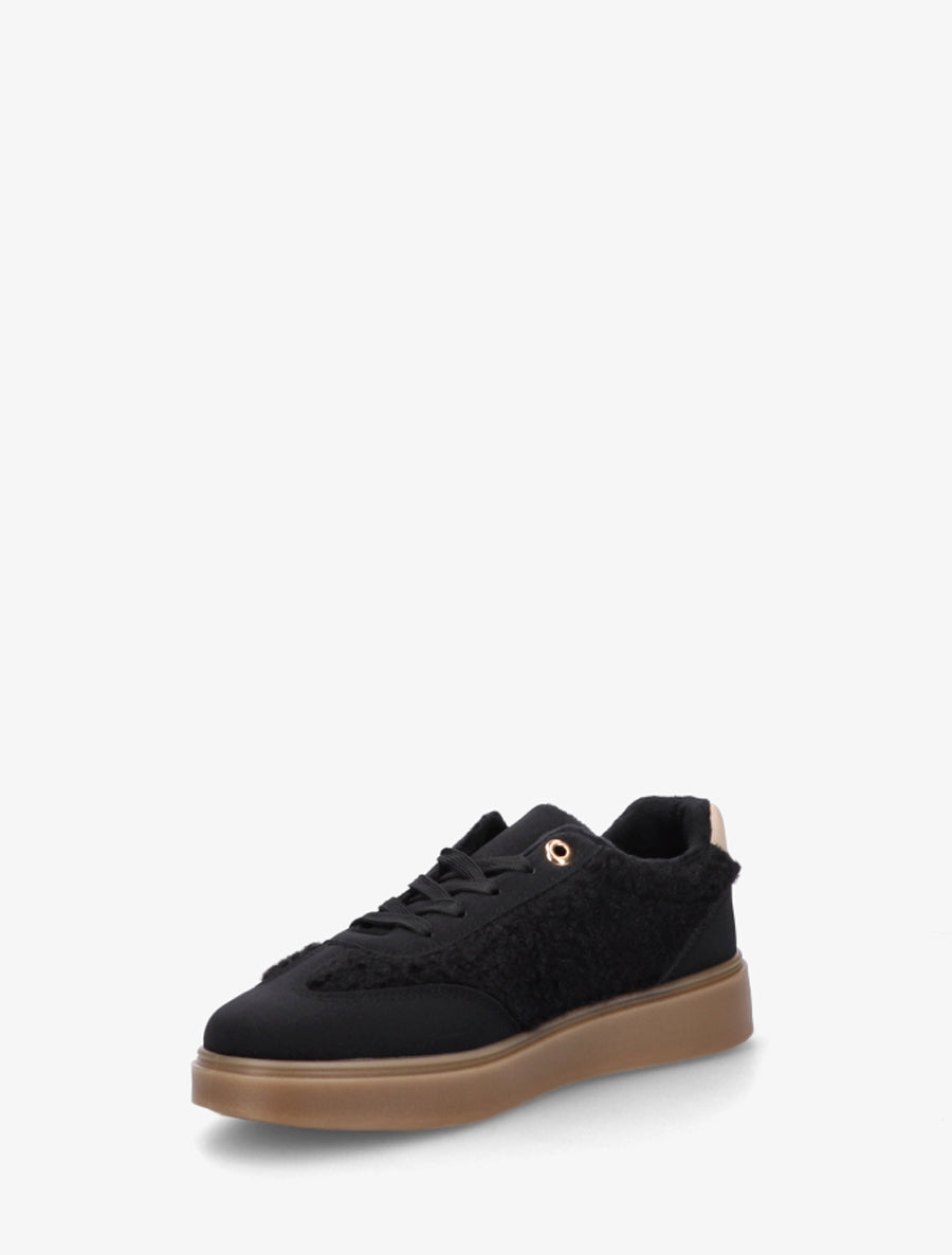 Baskets basses à empiècement effet laine bouclée - Noir - 3