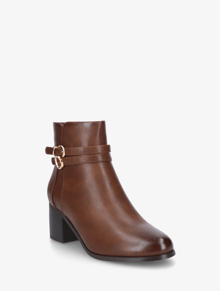Bottines en simili à double boucles - Camel - 2