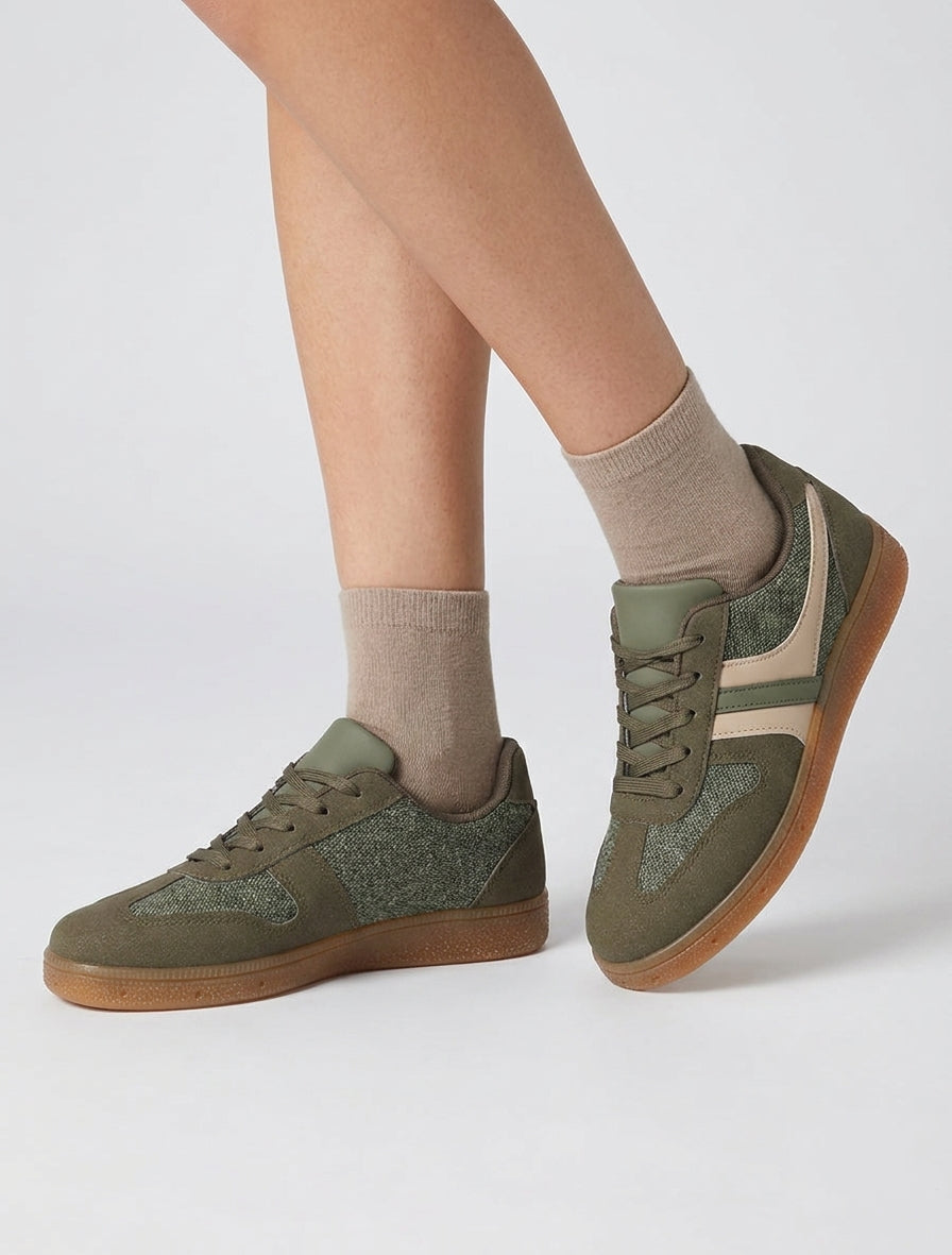 Sneakers con inserto in tessuto effetto tweed - Cachi