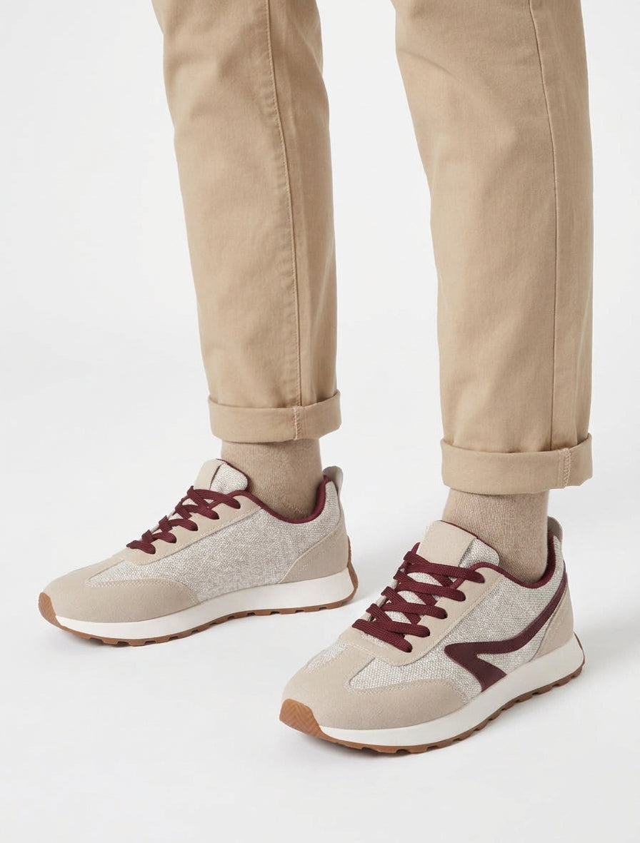 Sneakers con inserto in tessuto ed effetto nabuk - Beige
