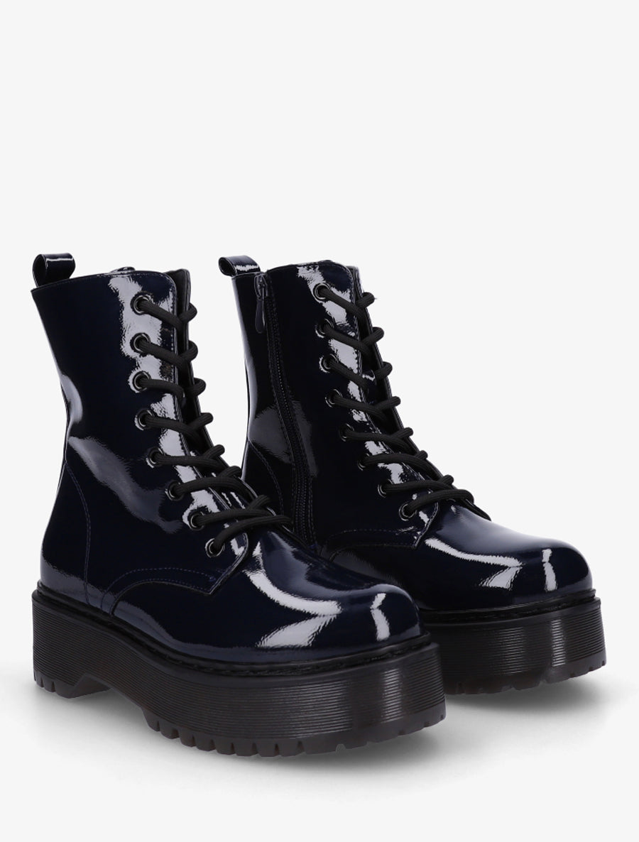 Bottines montantes vernies à lacets - Bleu nuit - 4