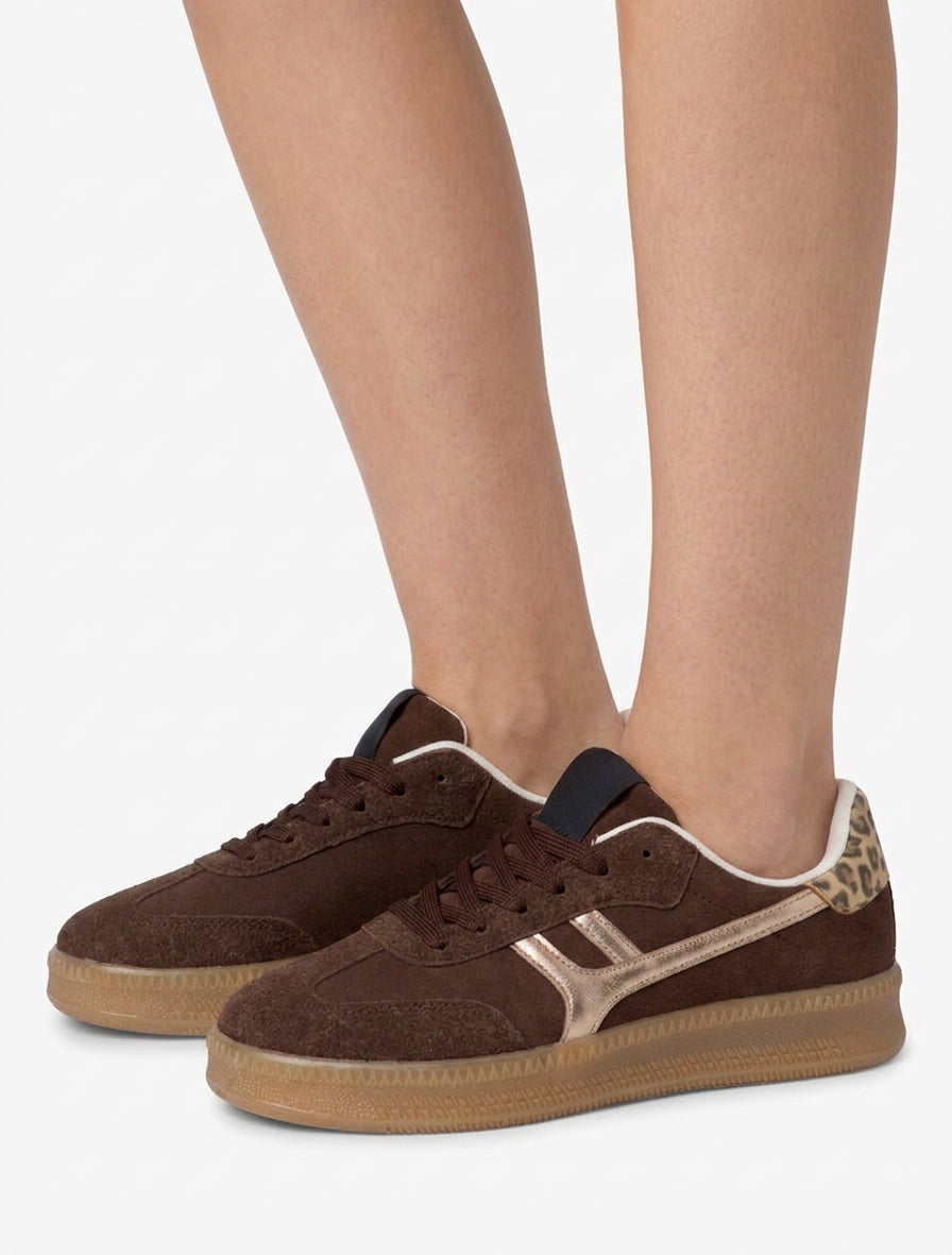 Scarpe da ginnastica con inserto grafico e rinforzo leopardato. - Marrone