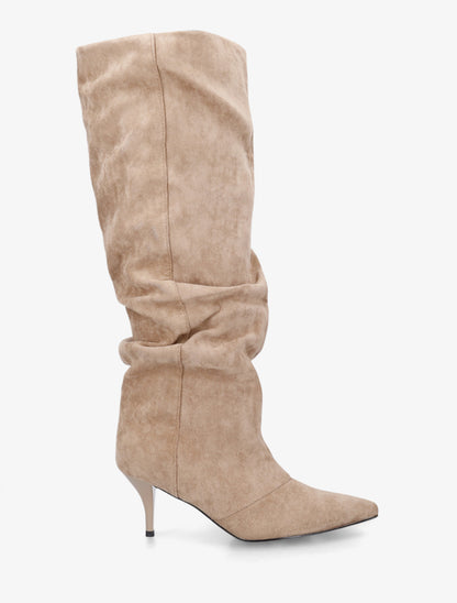 Bottes en suédine effet froncé à bouts pointus - Taupe - 1