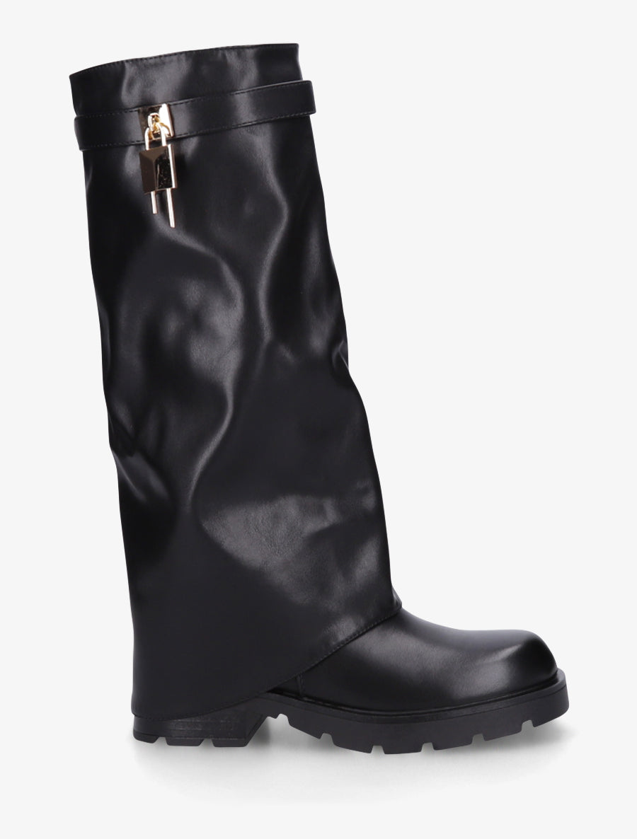 Bottes en simili à revers et bijou cadenas - Noir - 1