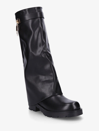 Bottes en simili à revers et bijou cadenas - Noir - 2