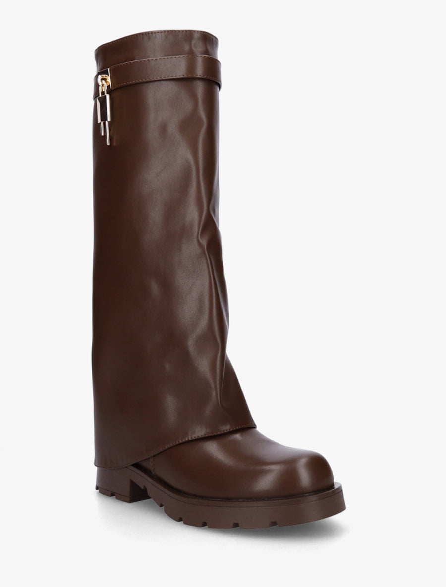 Bottes en simili à revers et bijou cadenas - Marron - 2