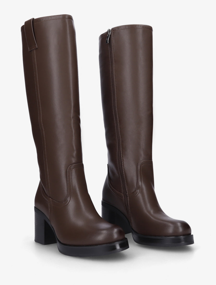 Bottes en simili à talon carré - Marron - 4