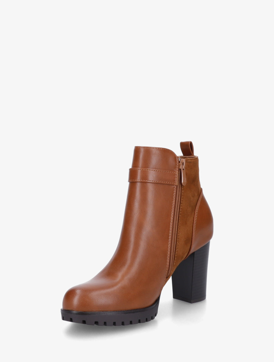 Bottines à empiècement en suédine et talon haut - Camel - 3