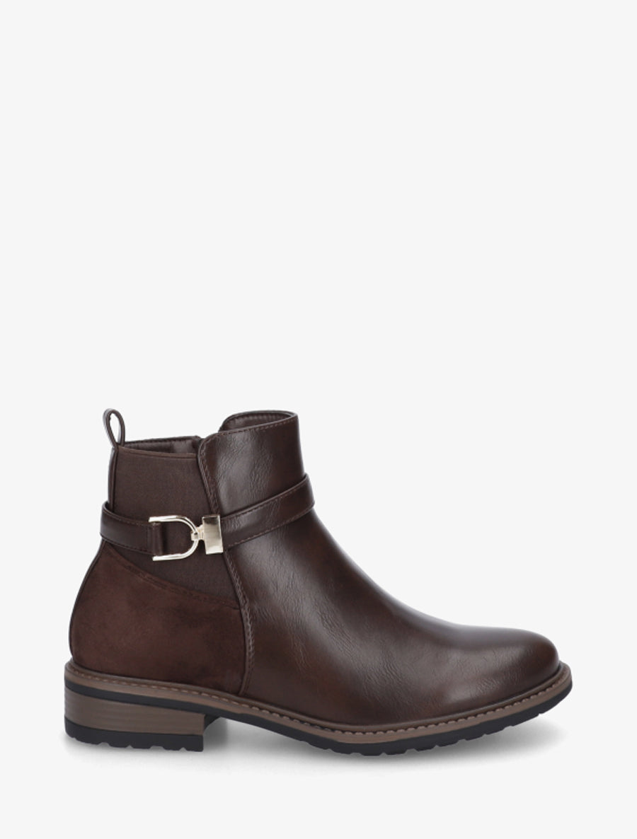 Bottines élastiquées bimatière à boucle métallique - Marron - 1