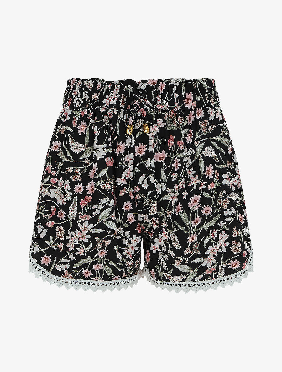 Short imprimé fleuri à taille froncée - Noir - 4