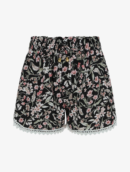 Short imprimé fleuri à taille froncée - Noir - 4