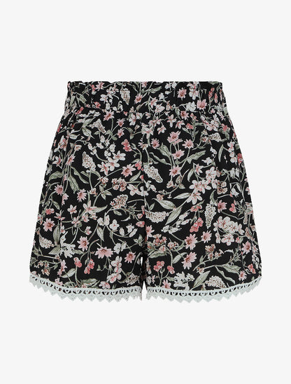 Short imprimé fleuri à taille froncée - Noir - 2