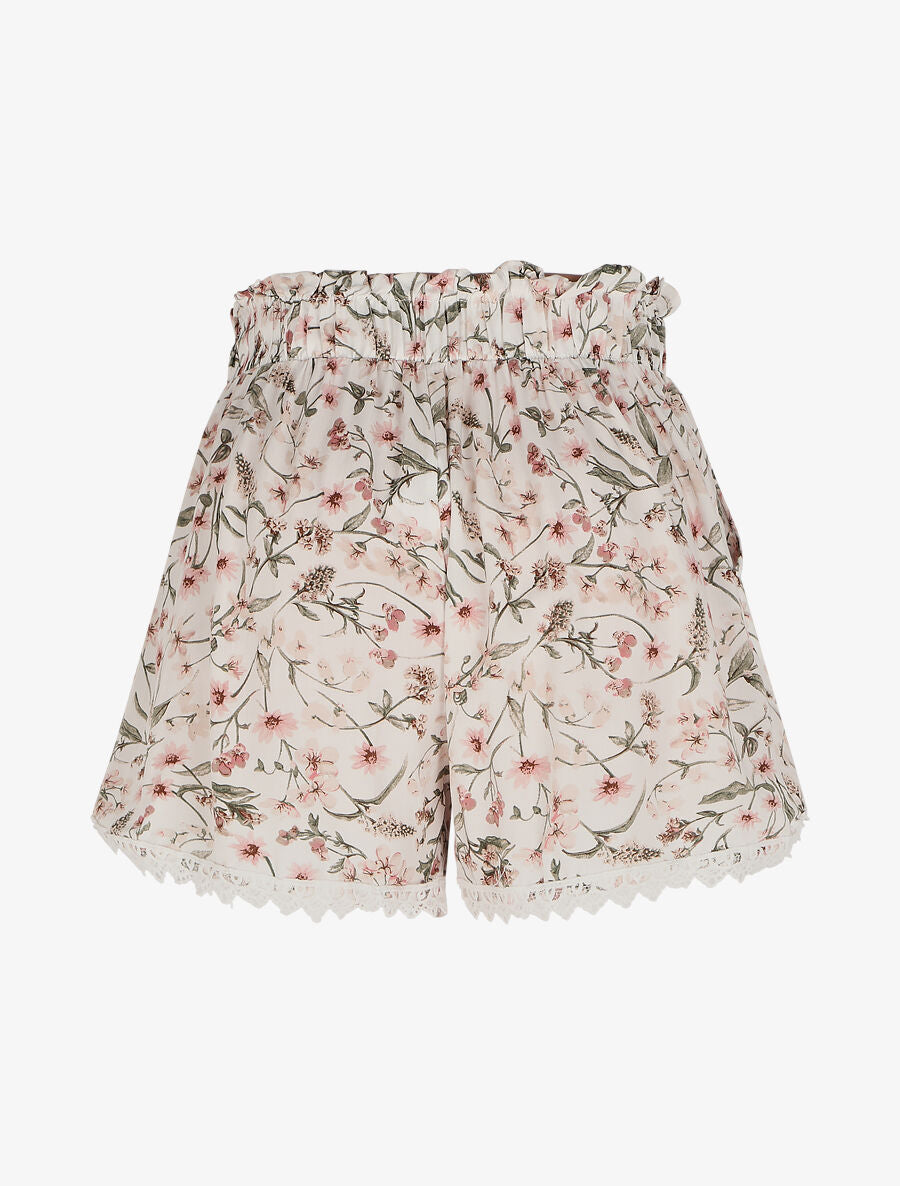 Short imprimé fleuri à taille froncée - Écru - 2