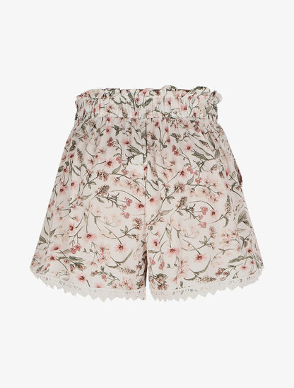 Short imprimé fleuri à taille froncée - Écru - 2