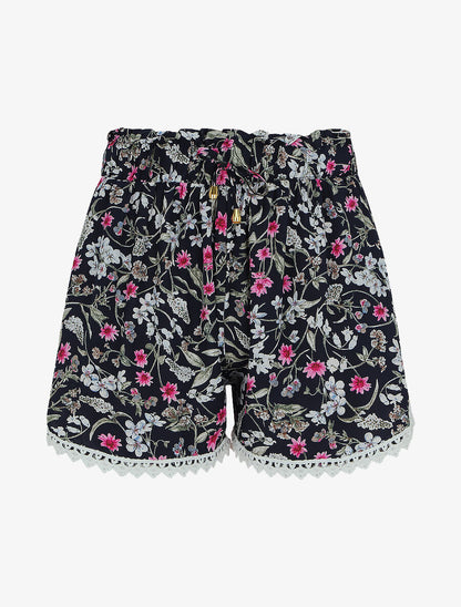 Short imprimé fleuri à taille froncée - Marine - 4