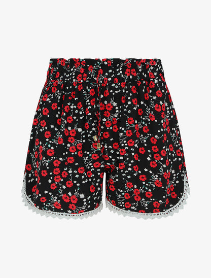 Short imprimé fleurs des champs à taille froncée - Noir - 4