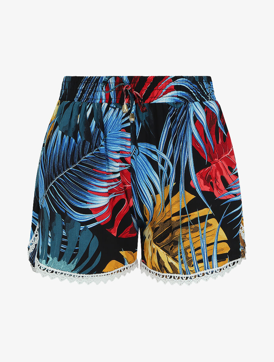 Short imprimé jungle tropicale à bords en crochet - Noir - 5