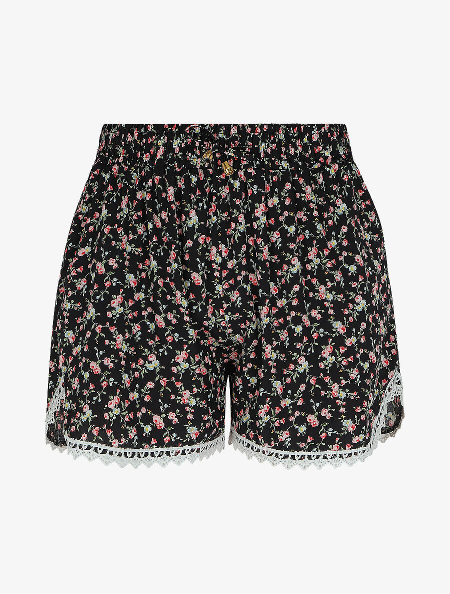 Short imprimé petites fleurs à bords en crochet - Noir - 5