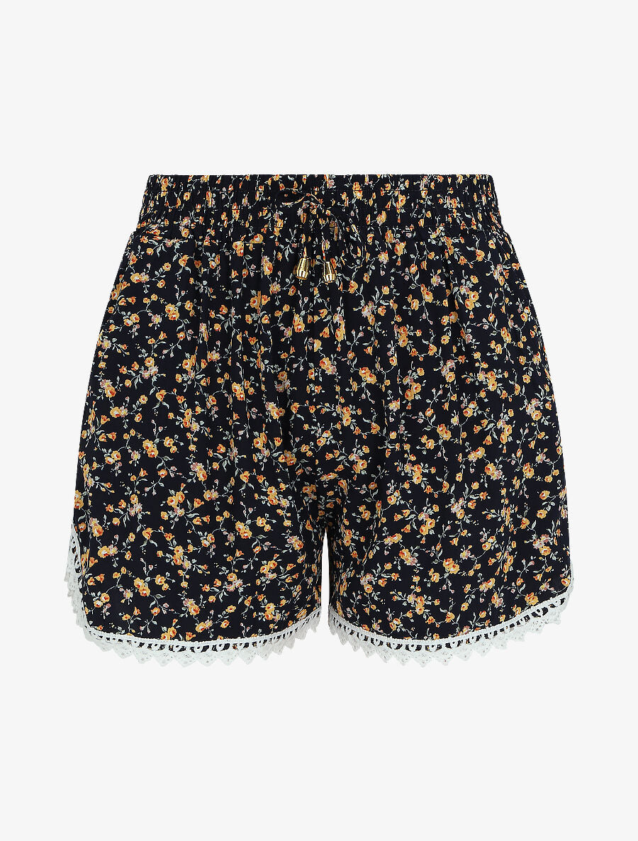 Short imprimé petites fleurs à bords en crochet - Marine - 1