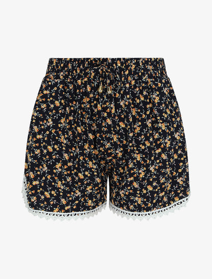 Short imprimé petites fleurs à bords en crochet - Marine - 1