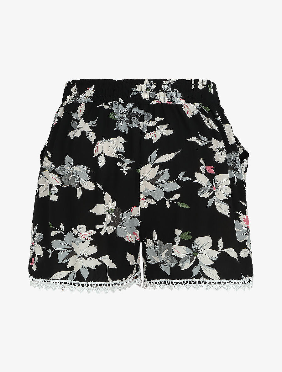 Short imprimé été fleuri à bords en crochet - Noir - 2