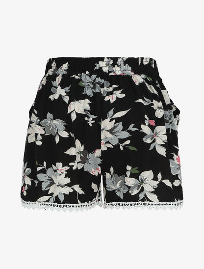 Short imprimé été fleuri à bords en crochet - Noir - 2