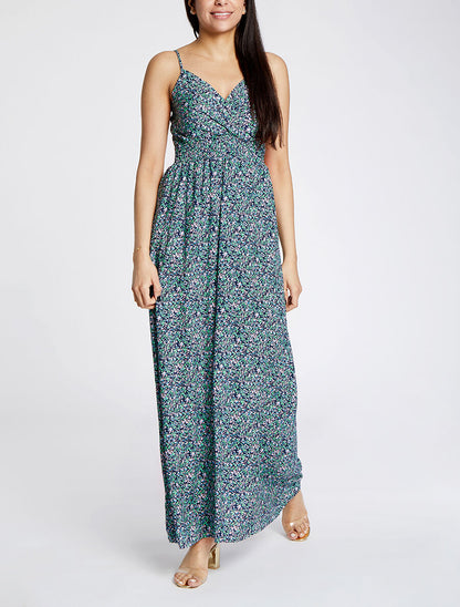 Robe longue à fines bretelles imprimé petites fleurs - Marine - 4