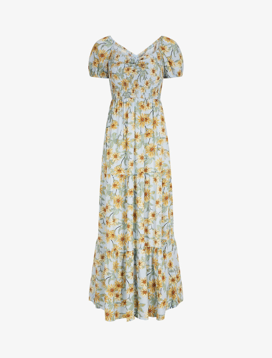 Robe longue élastiquée imprimé marguerite - Bleu ciel - 2