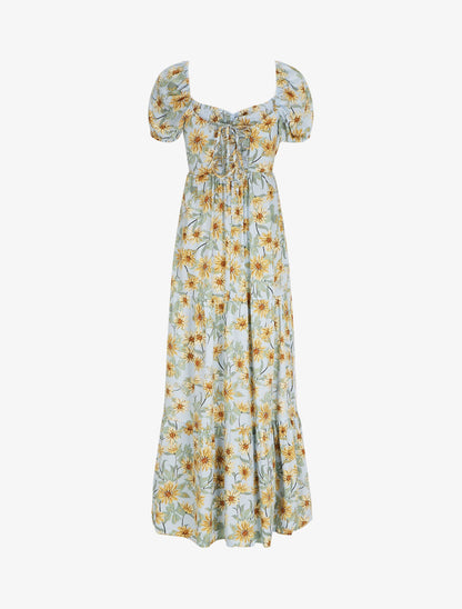 Robe longue élastiquée imprimé marguerite - Bleu ciel - 3