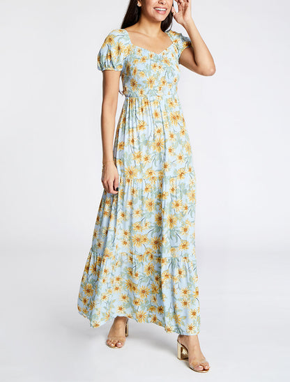 Robe longue élastiquée imprimé marguerite - Bleu ciel - 5