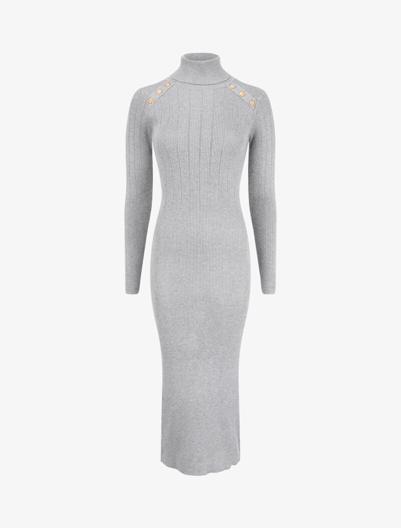 Robe pull à col roulé et épaules à détail boutons - Gris clair - 1