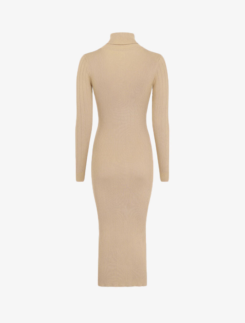 Robe pull à col roulé et épaules à détail boutons - Beige - 2
