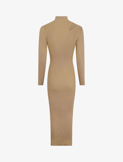 Robe pull côtelée et moulante à décolleté asymétrique - Camel - 2